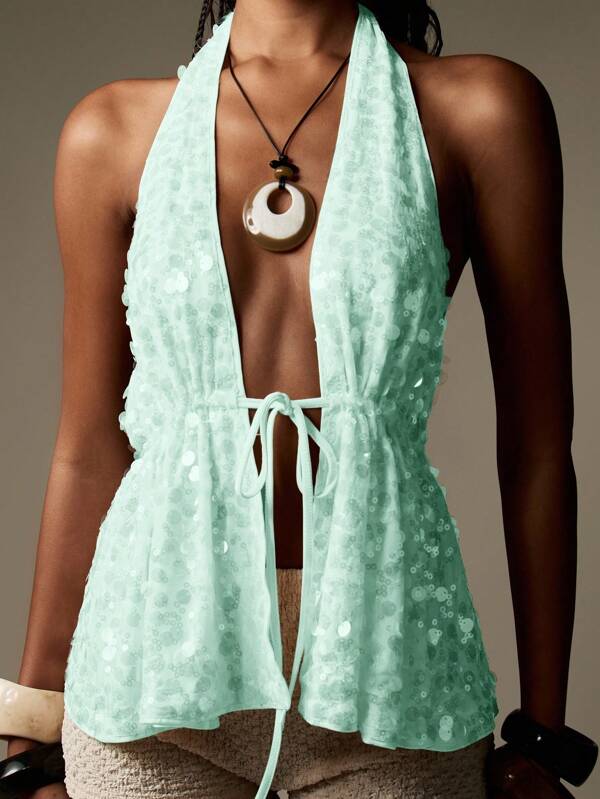 missguided MISSGUIDED Sequin Halter Neck Backless Top With Front Tie