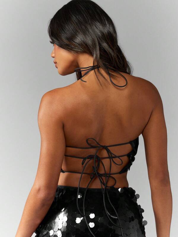 Missguided MISSGUIDED Sequin Halter Neck Crop Top With Lace Up Back