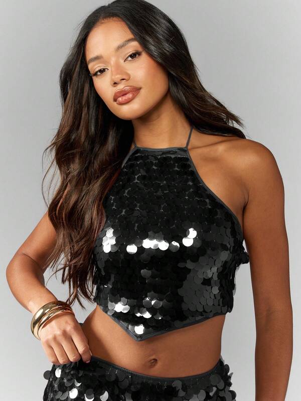 missguided MISSGUIDED Sequin Halter Neck Crop Top With Lace Up Back