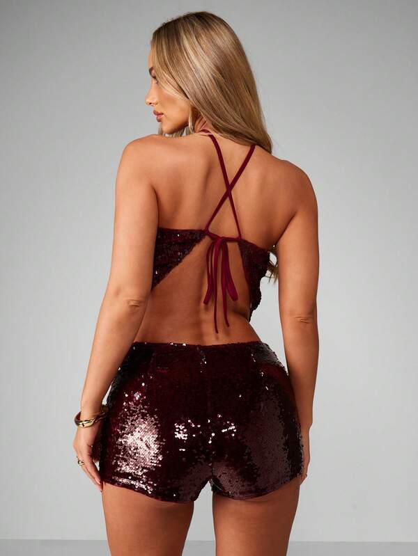 Missguided MISSGUIDED Sequin Halter Neck Crop Top With Tie Back