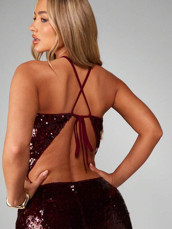 Missguided MISSGUIDED Sequin Halter Neck Crop Top With Tie Back