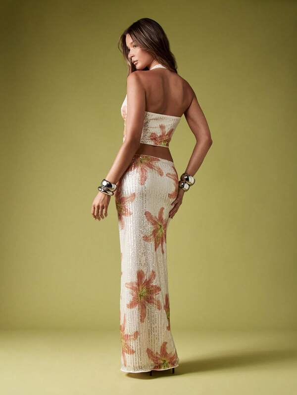Missguided MISSGUIDED Sequin Halter Top With Matching Maxi Skirt