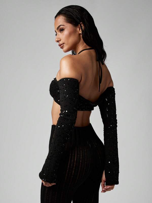Missguided MISSGUIDED Sequin Knitted Bralette With Long Sleeves And Halter Design