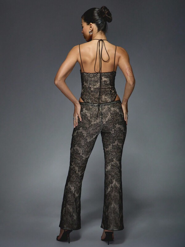 Missguided MISSGUIDED Sequin Lace Corset Top Flared Pants Two-Piece Set