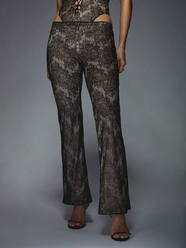 Missguided MISSGUIDED Sequin Lace Corset Top Flared Pants Two-Piece Set