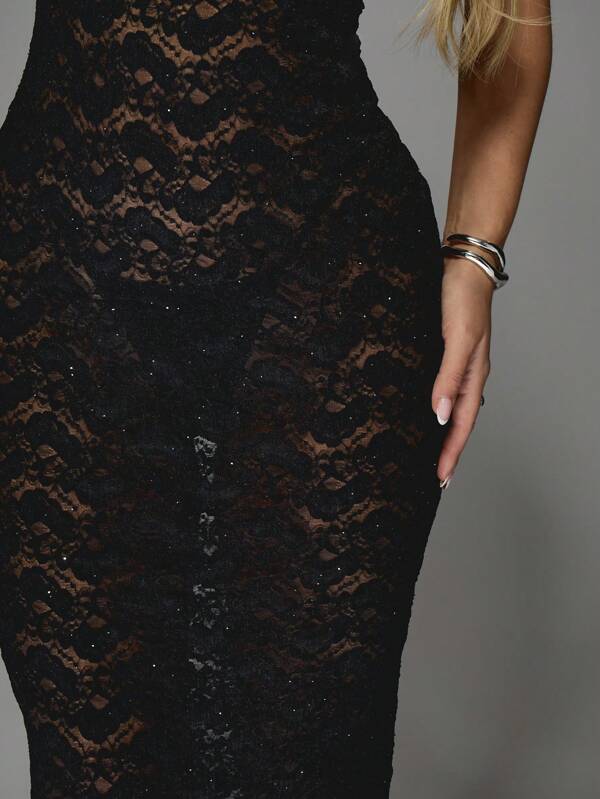 Missguided MISSGUIDED Sequin Lace Mermaid Gown With Spaghetti Straps