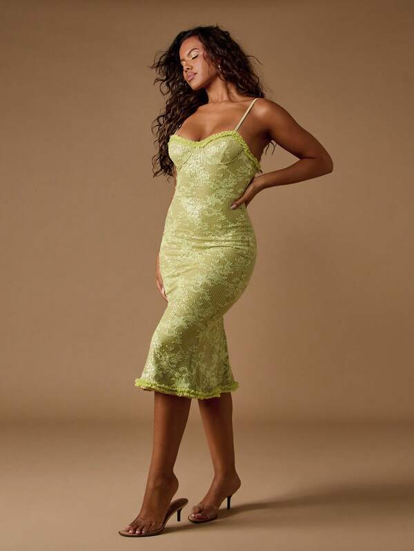 missguided MISSGUIDED Sequin Lace Midi Dress With Ruffle Trim And Sweetheart Neckline