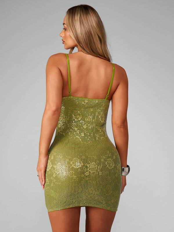 Missguided MISSGUIDED Sequin Lace Mini Dress With Floral Pattern And Spaghetti Straps