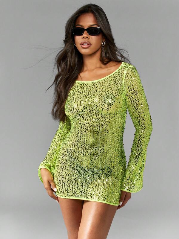 missguided MISSGUIDED Sequin Long Sleeve Bodycon Mini Dress Cut Out Back Glitter Sparkle