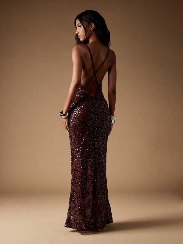 Missguided MISSGUIDED Sequin Mermaid Gown With Cowl Neck And Open Back