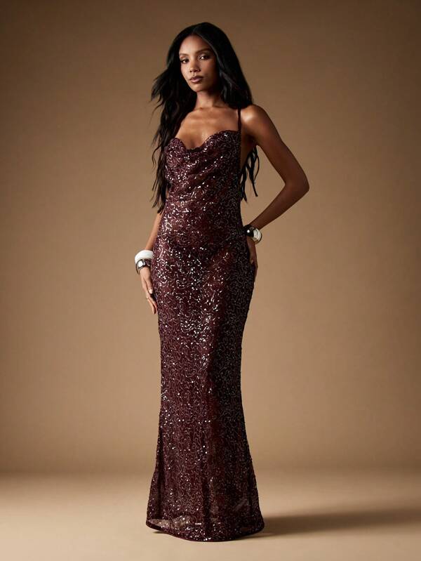 missguided MISSGUIDED Sequin Mermaid Gown With Cowl Neck And Open Back