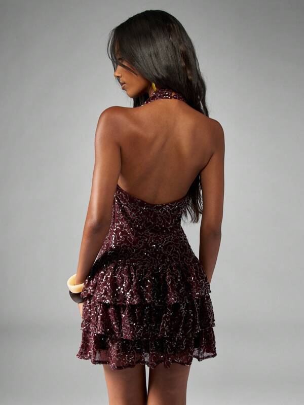 Missguided MISSGUIDED Sequin Mesh Mini Dress With Plunge Neck And Ruffles