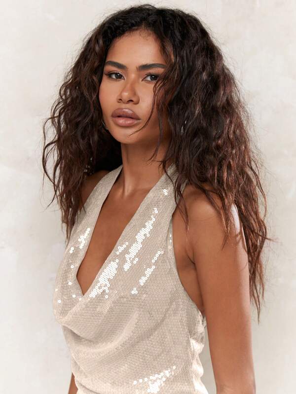 Missguided MISSGUIDED Sequin Mini Dress With Halter Neck And Draped Design