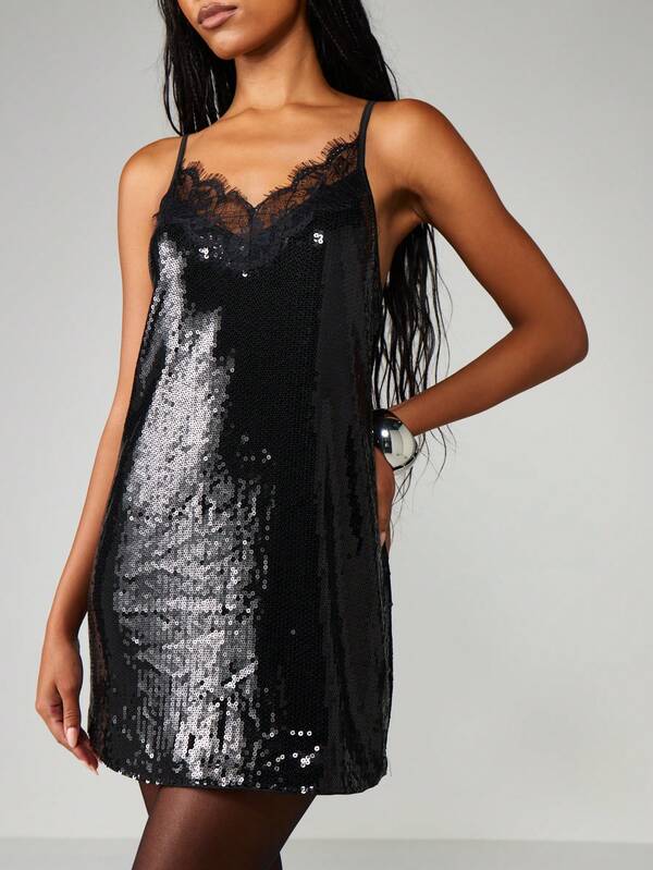 Missguided MISSGUIDED Sequin Mini Dress With Lace Trim