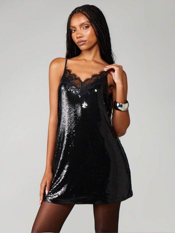 missguided MISSGUIDED Sequin Mini Dress With Lace Trim