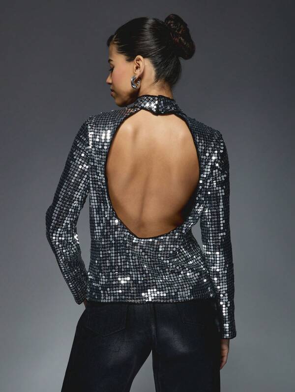 Missguided MISSGUIDED Sequin Mock Neck Backless Top With Long Sleeves