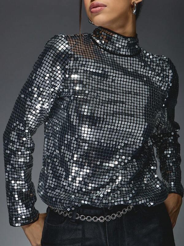 Missguided MISSGUIDED Sequin Mock Neck Backless Top With Long Sleeves