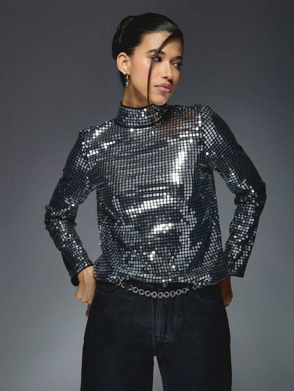 missguided MISSGUIDED Sequin Mock Neck Backless Top With Long Sleeves