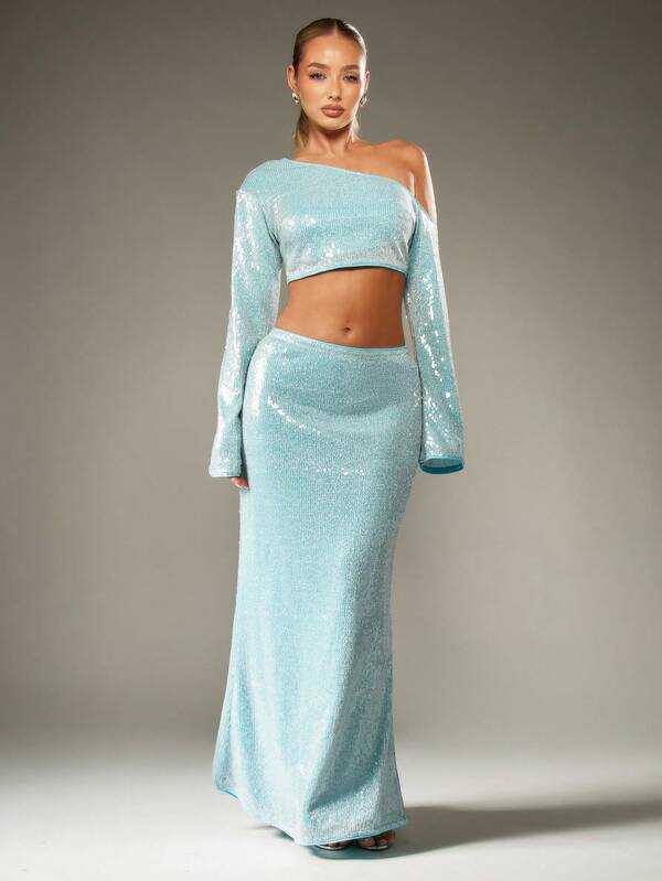 missguided MISSGUIDED Sequin Off Shoulder Crop Top And Maxi Skirt