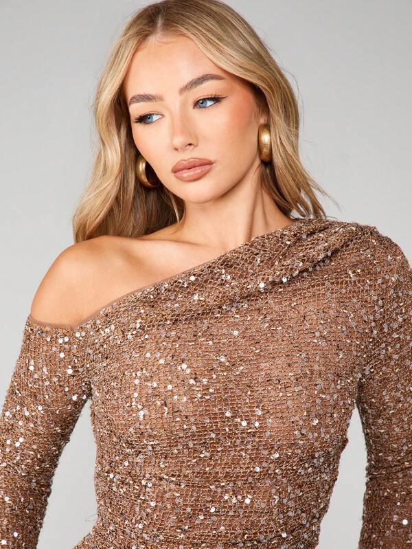 Missguided MISSGUIDED Sequin Off Shoulder Long Sleeve Mini Dress