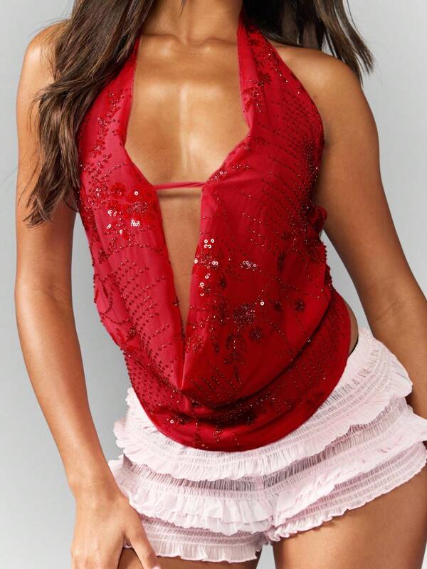 Missguided MISSGUIDED Sequin Plunge Halter Neck Cowl Backless Top