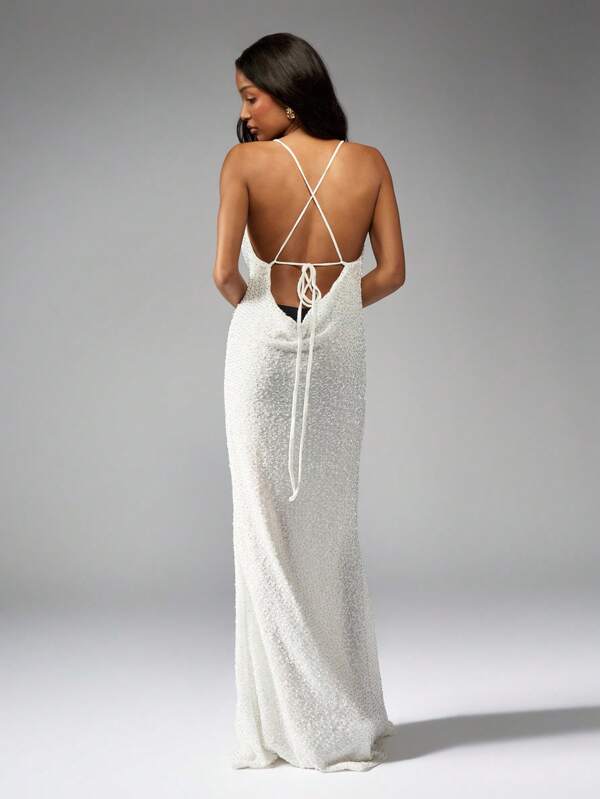 Missguided MISSGUIDED Sequin Plunge Neck Halter Evening Gown