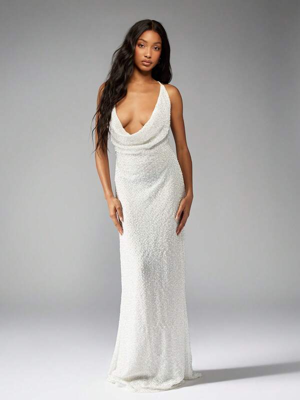 Missguided MISSGUIDED Sequin Plunge Neck Halter Evening Gown