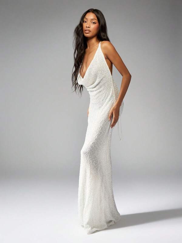 missguided MISSGUIDED Sequin Plunge Neck Halter Evening Gown