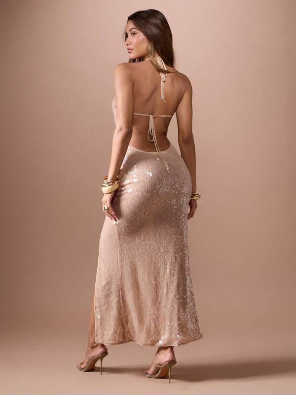 Missguided MISSGUIDED Sequin Plunging Neckline Long Dress