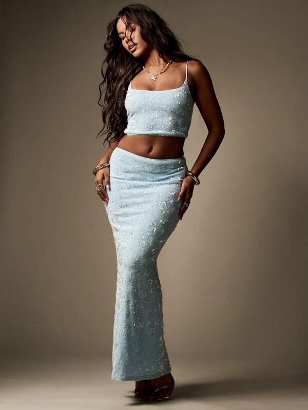 missguided MISSGUIDED Sequin Spaghetti Strap Crop Top Maxi Skirt Two Piece Set
