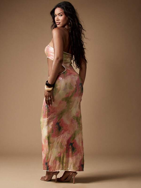 Missguided MISSGUIDED Sequin Tie Dye Cut Out Strapless Bandeau Maxi Dress