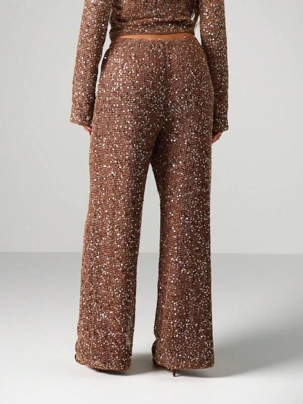 Missguided MISSGUIDED Sequin Wide Leg Pants With Drawstring Waist