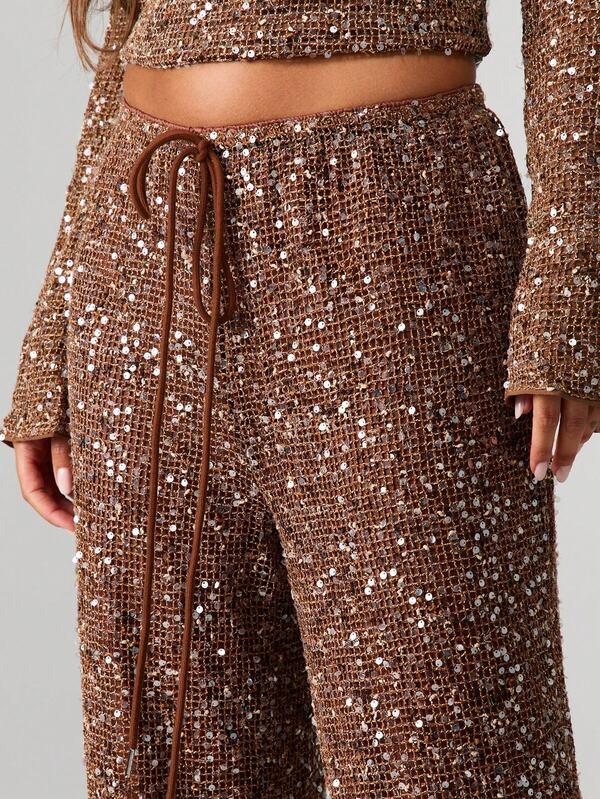 Missguided MISSGUIDED Sequin Wide Leg Pants With Drawstring Waist