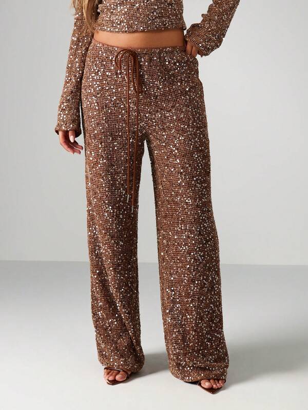 missguided MISSGUIDED Sequin Wide Leg Pants With Drawstring Waist