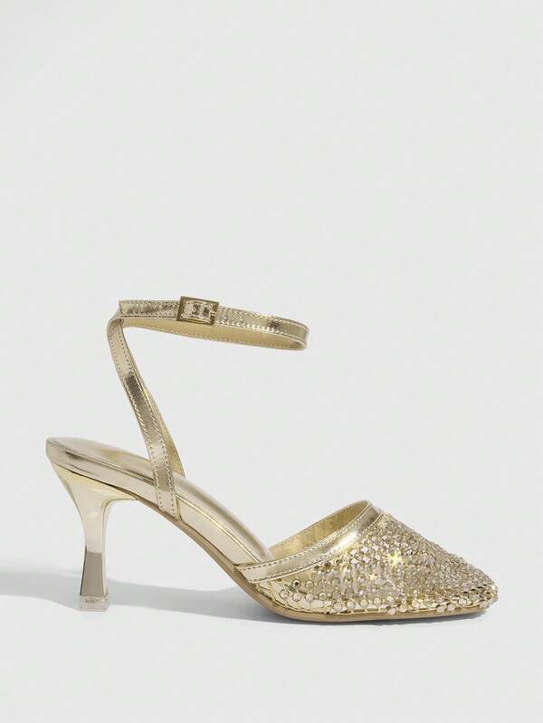 missguided MISSGUIDED Sequined Ankle Strap Pointed Toe Pumps