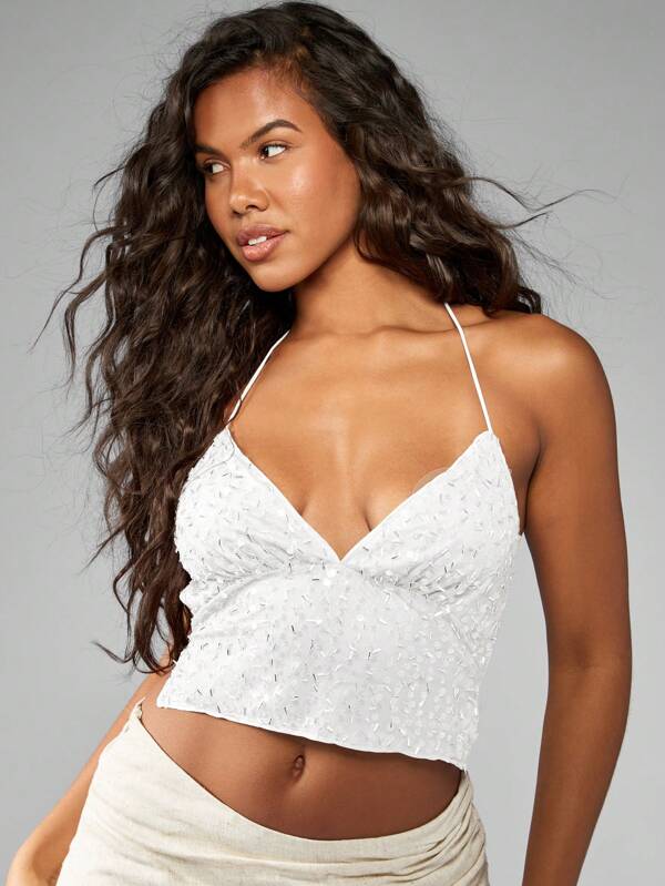 Missguided MISSGUIDED Sequined Crop Top Halter Neck Camisole Double Strap Back