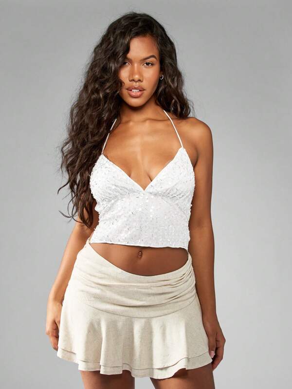 missguided MISSGUIDED Sequined Crop Top Halter Neck Camisole Double Strap Back