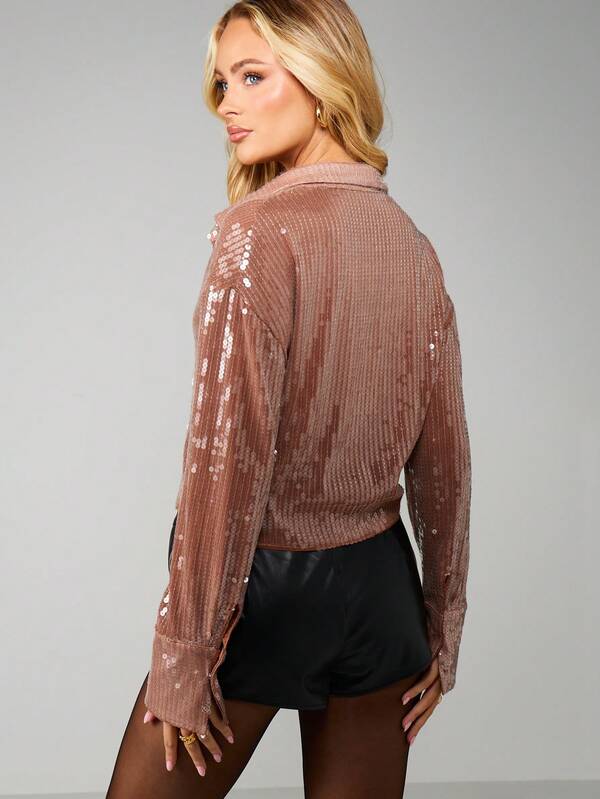 Missguided MISSGUIDED Sequined Cropped Button Down Blouse