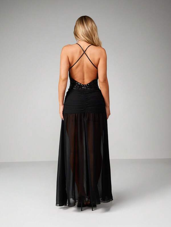 Missguided MISSGUIDED Sequined Halter Bodycon Maxi With Mesh Skirt