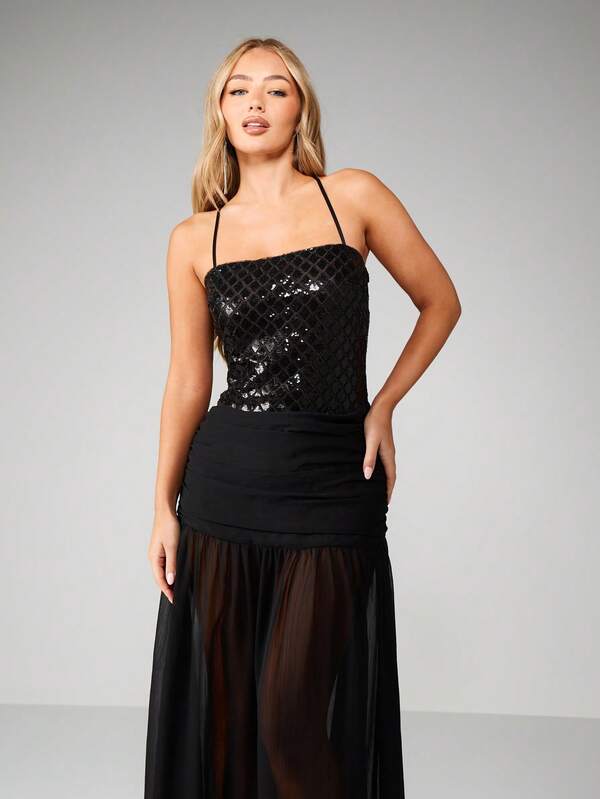 Missguided MISSGUIDED Sequined Halter Bodycon Maxi With Mesh Skirt