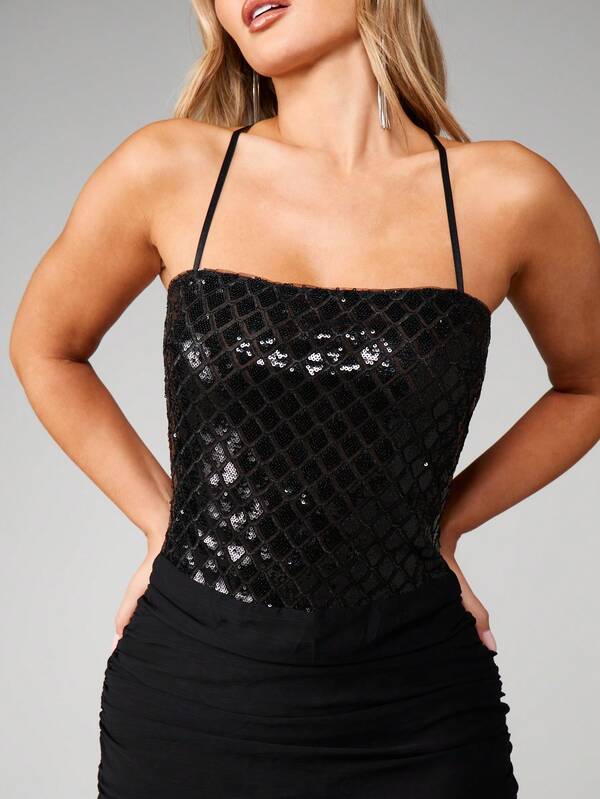 Missguided MISSGUIDED Sequined Halter Bodycon Maxi With Mesh Skirt