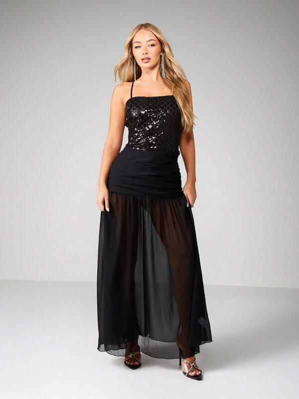 missguided MISSGUIDED Sequined Halter Bodycon Maxi With Mesh Skirt