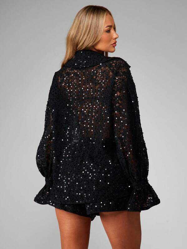 Missguided MISSGUIDED Sequined Lace Blouse With Flared Bell Sleeves