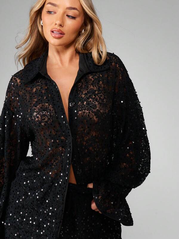 Missguided MISSGUIDED Sequined Lace Blouse With Flared Bell Sleeves