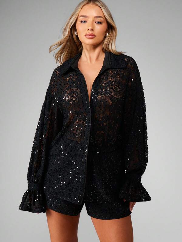 missguided MISSGUIDED Sequined Lace Blouse With Flared Bell Sleeves