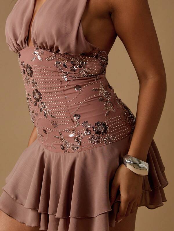 Missguided MISSGUIDED Sequined Mini Dress With Halter Neck And Ruffle Hem