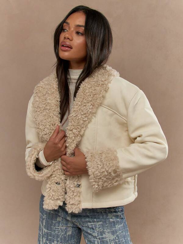 missguided MISSGUIDED Shearling Collar Faux Fur Trim Coats