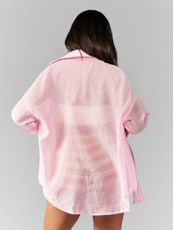 Missguided MISSGUIDED Sheer Button Down Oversized Long Sleeve Chiffon Fashion Blouse