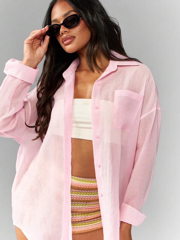 Missguided MISSGUIDED Sheer Button Down Oversized Long Sleeve Chiffon Fashion Blouse