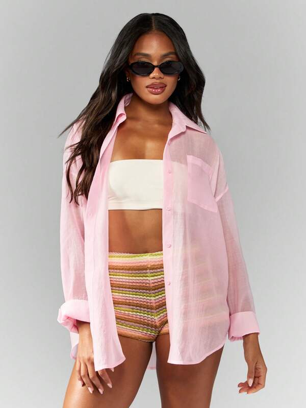 missguided MISSGUIDED Sheer Button Down Oversized Long Sleeve Chiffon Fashion Blouse